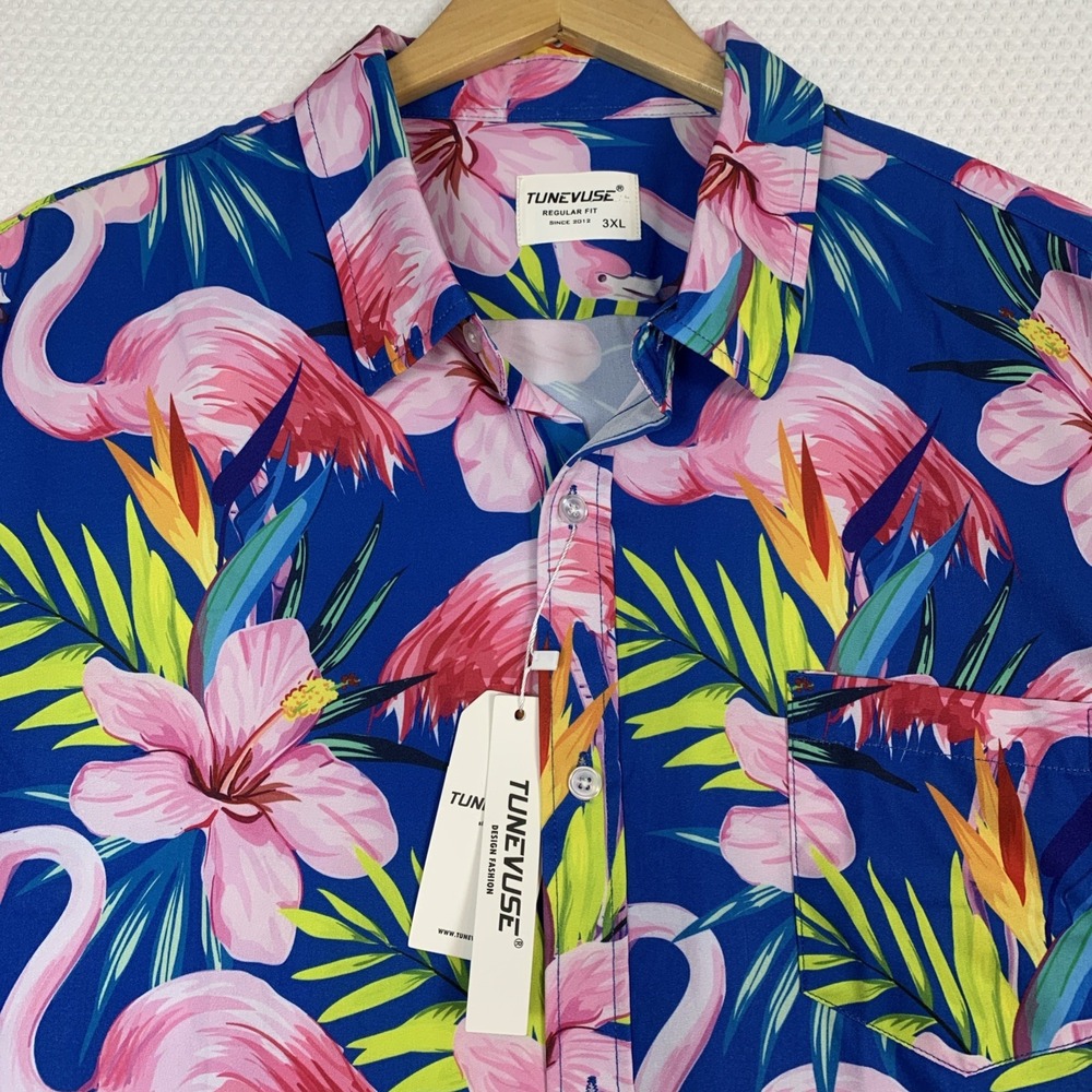 Tunevuse Mens 3XL Flamingo Hawaiian Shirt Summer Button Up Regular Fit